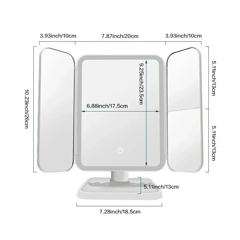 Trifold LED Makeup Mirror With Dimmable Lighting Modes