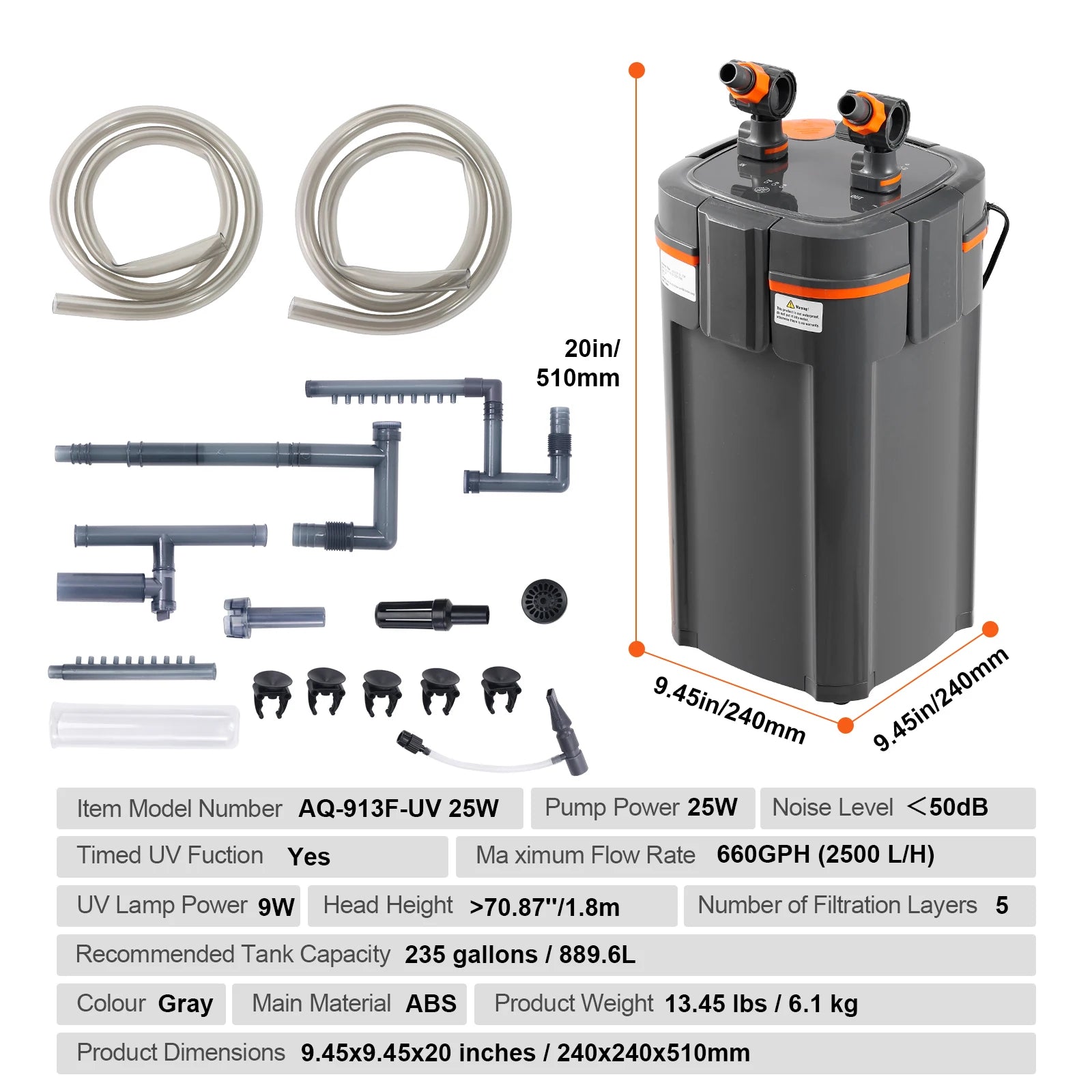 SucceBuy Aquarium Filter 264GPH 3 Stage Canister Ultra Quiet UV