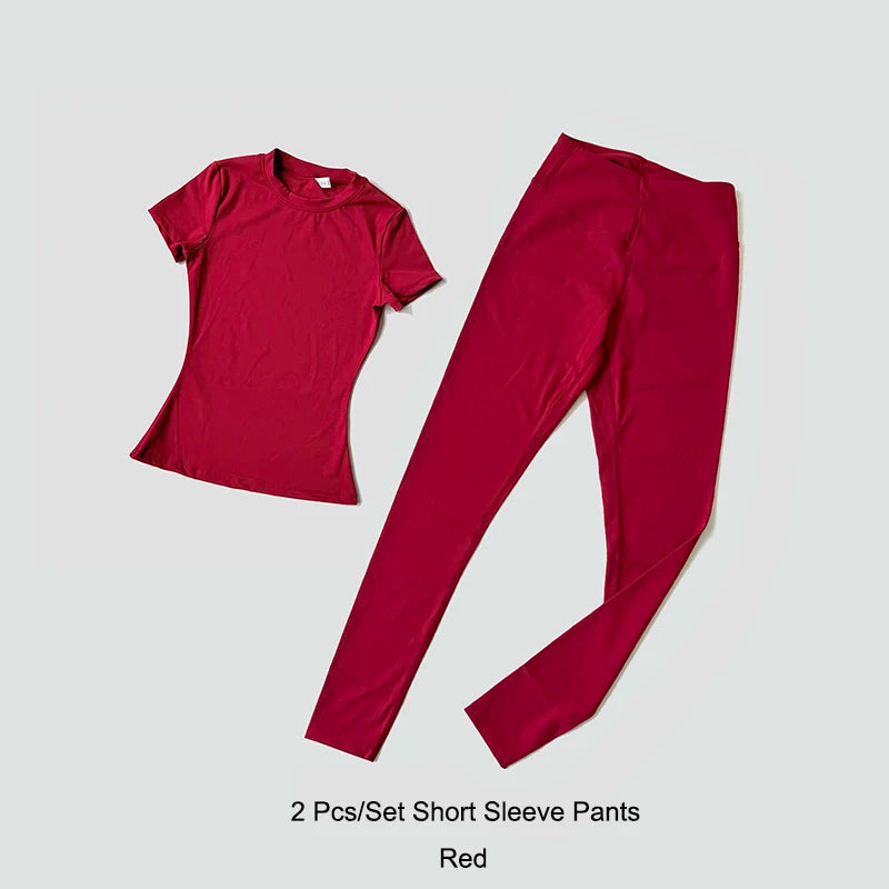 Womens Yoga Set Sportswear Crop Top And Leggings Short Sleeves