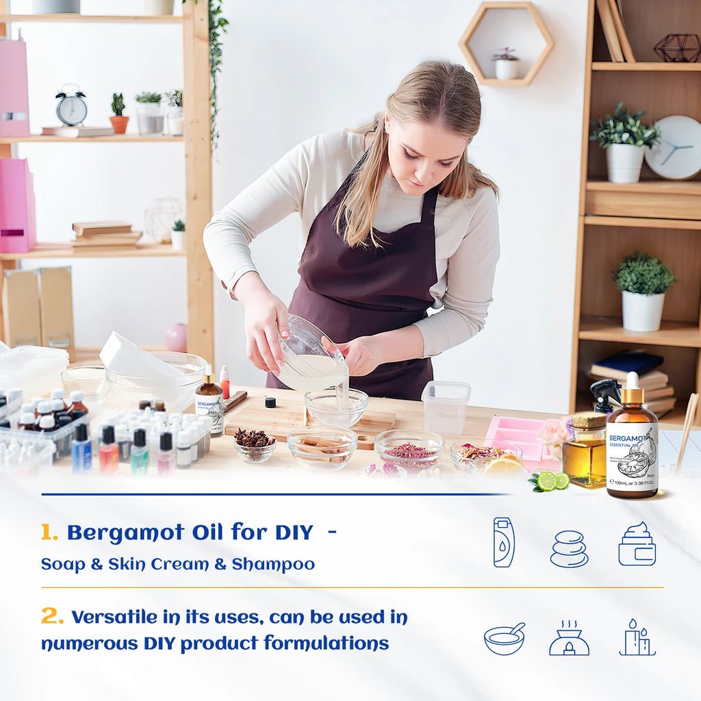 HIQILI 100% Pure Bergamot Essential Oil 100ml for Diffuser Blends Aromatherapy Uplifting Sweet Orange Grapefruit Lemon