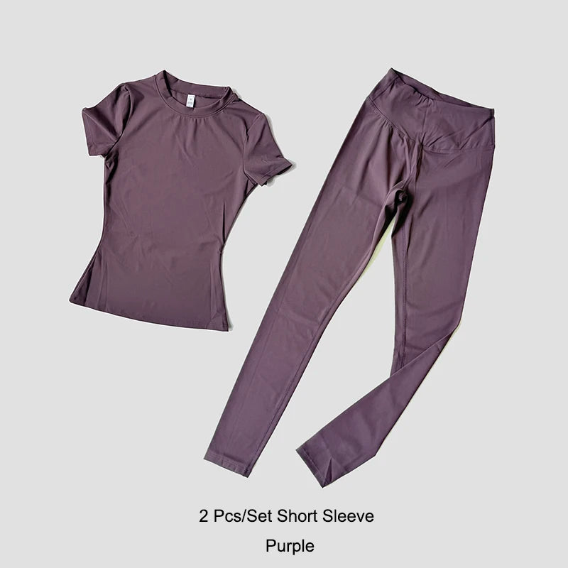 Womens Yoga Set Sportswear Crop Top And Leggings Short Sleeves