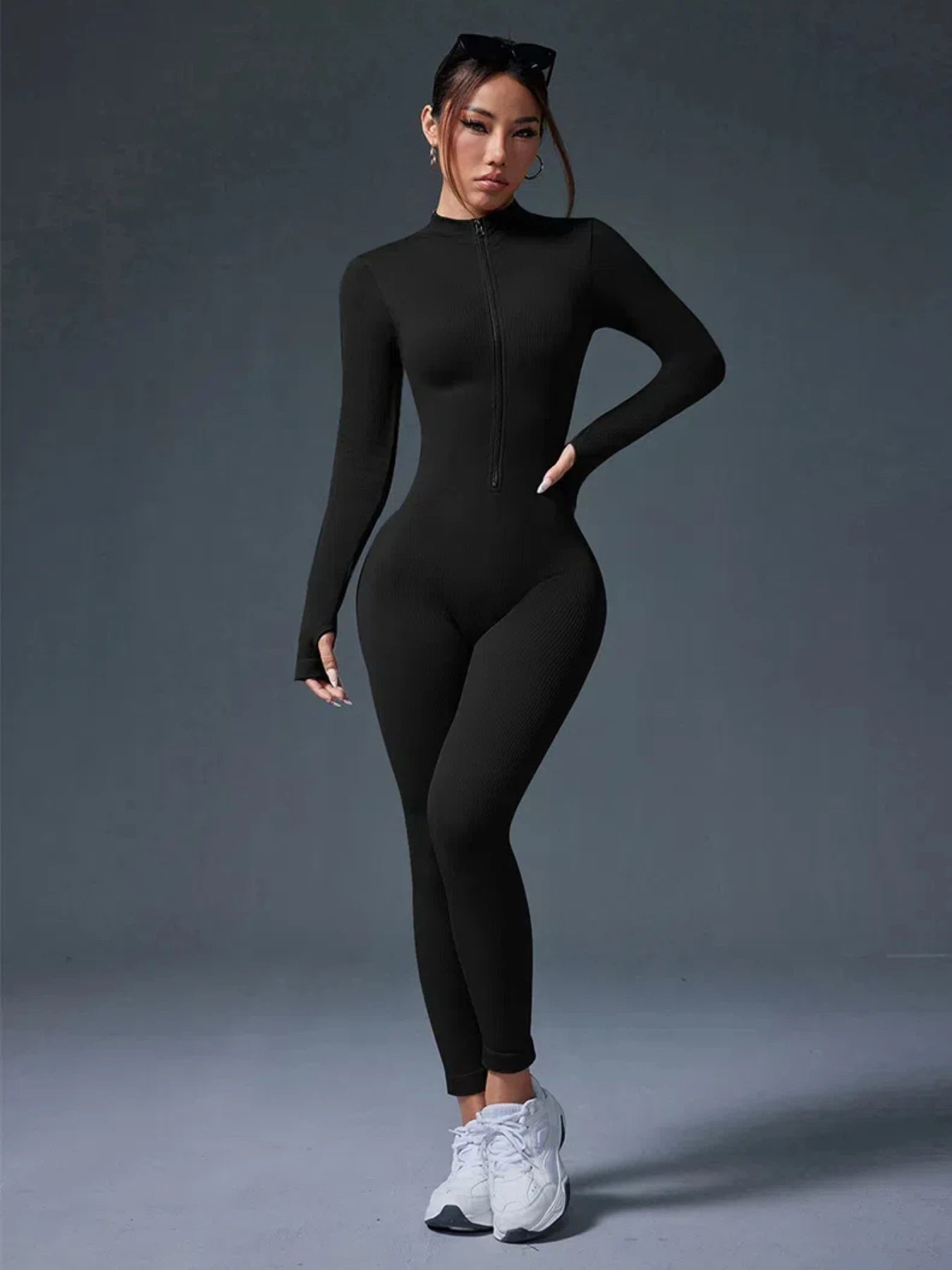 Half Zip Jumpsuit Women Gym Bodysuit Long Sleeve Activewear Set