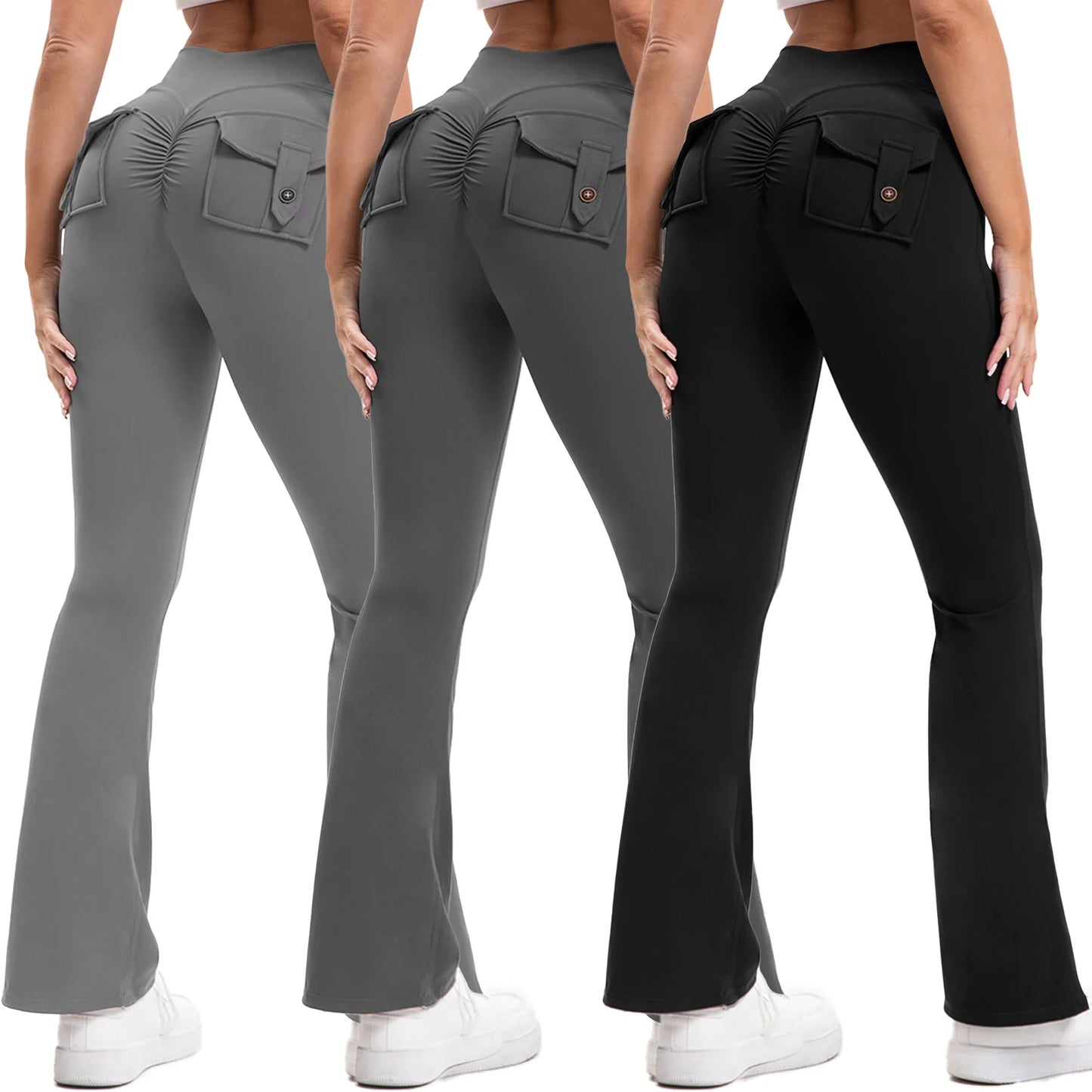Curve Enhancing Yoga Pants Flared Bootcut High Waist Stretchy Pockets
