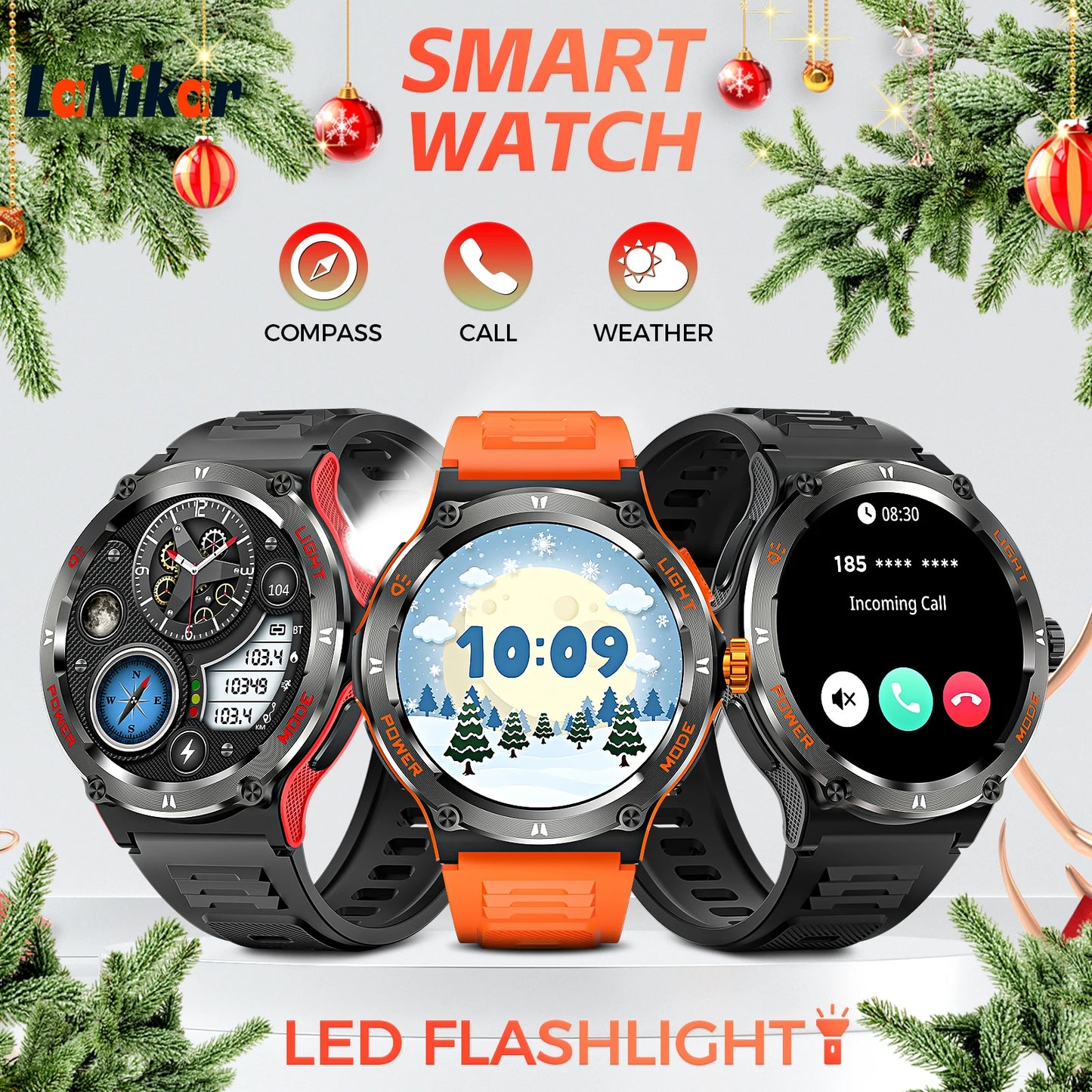 LaNikar Smart Watch KT76 3ATM Waterproof Compass Heart Rate Bluetooth
