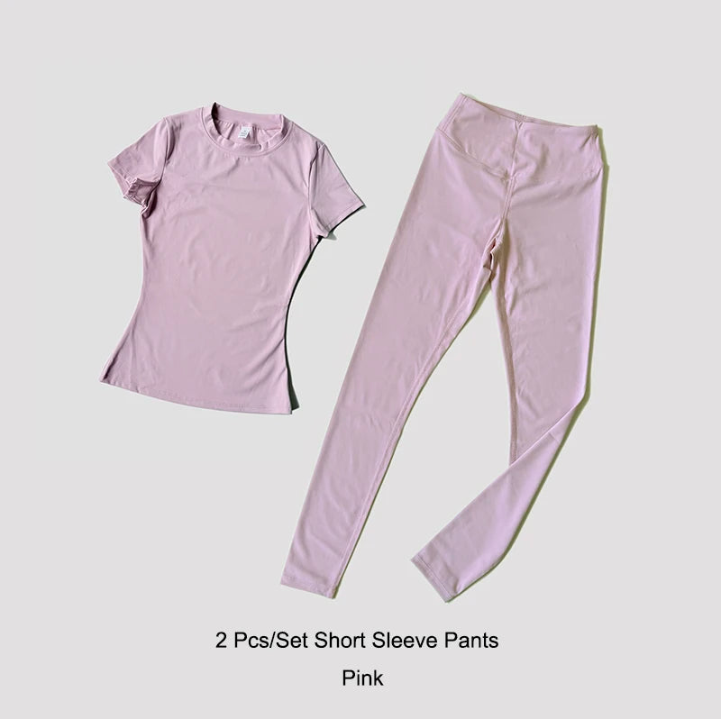 Womens Yoga Set Sportswear Crop Top And Leggings Short Sleeves