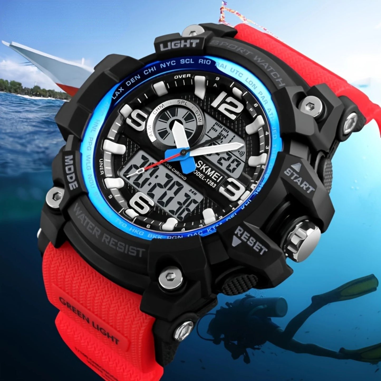 Waterproof Dual Time Electronic Watch, Outdoor Stopwatch with LED, Multifunctional Sports Wristwatch