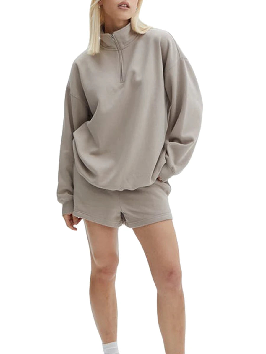 Women Velvet Activewear Set With Zip Sweatshirt And Shorts