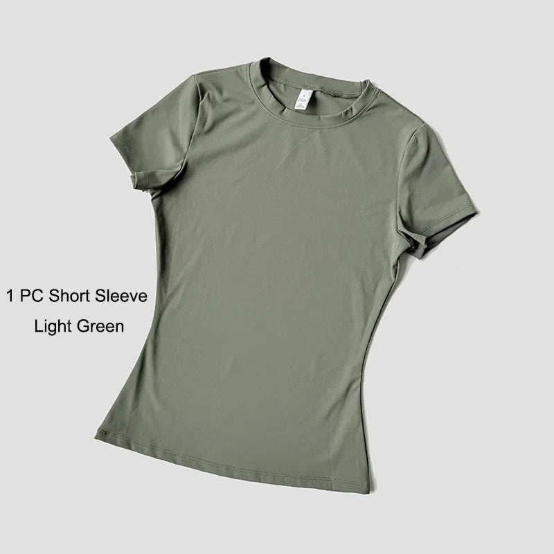 Womens Yoga Set Sportswear Crop Top And Leggings Short Sleeves