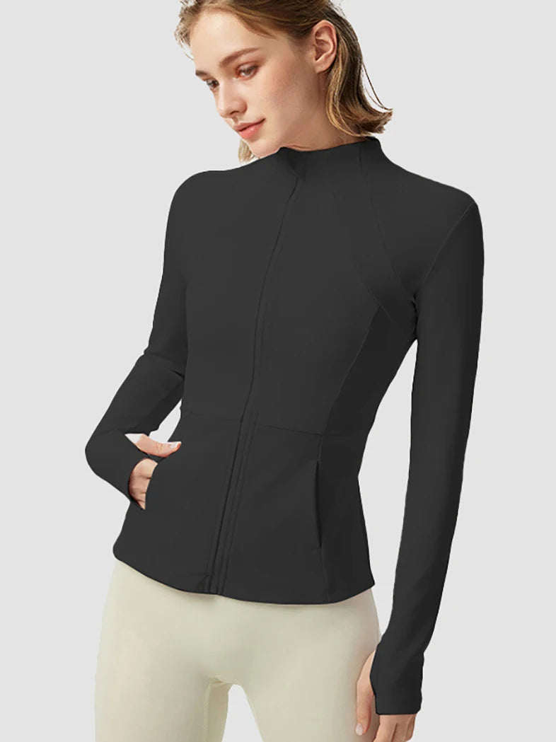 Women's Lightweight Yoga Jacket With Zipper Pockets And Thumb Holes