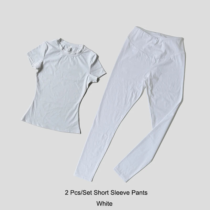 Womens Yoga Set Sportswear Crop Top And Leggings Short Sleeves