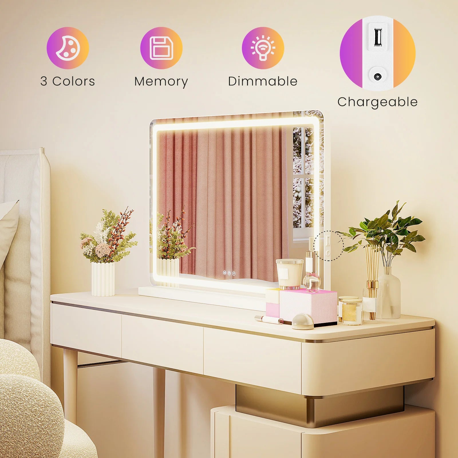 JHK LED Vanity Mirror With Lights Aluminum Frame Dimmable 3 Color Modes