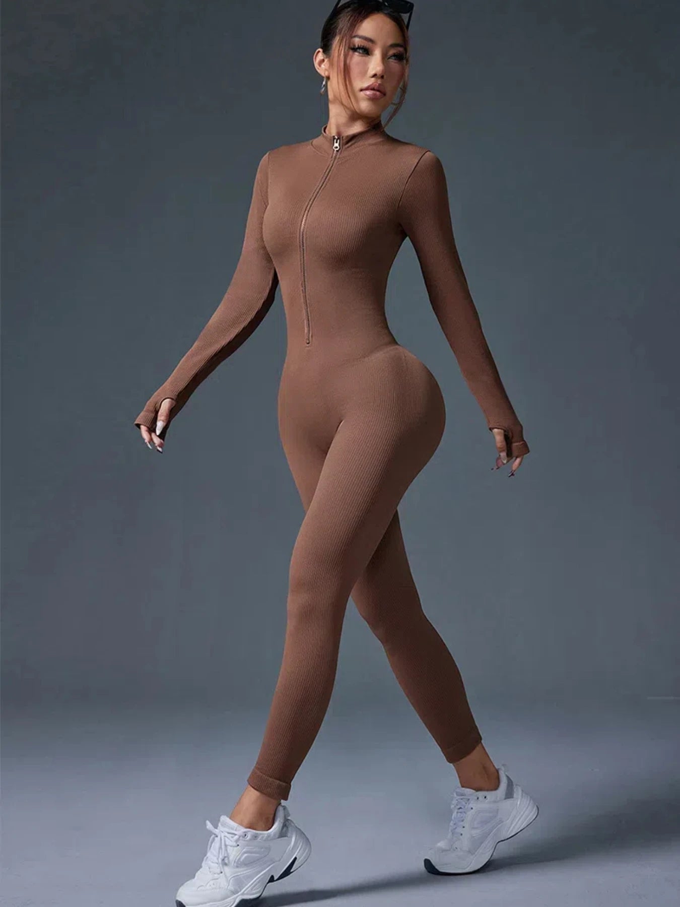 Half Zip Jumpsuit Women Gym Bodysuit Long Sleeve Activewear Set