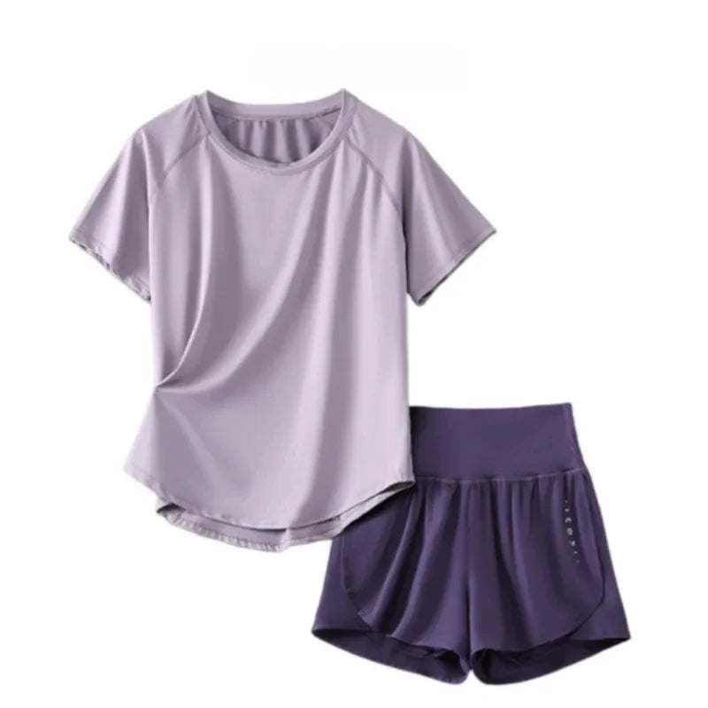 Women Two Piece Yoga Set Summer Sportswear Tops Shorts