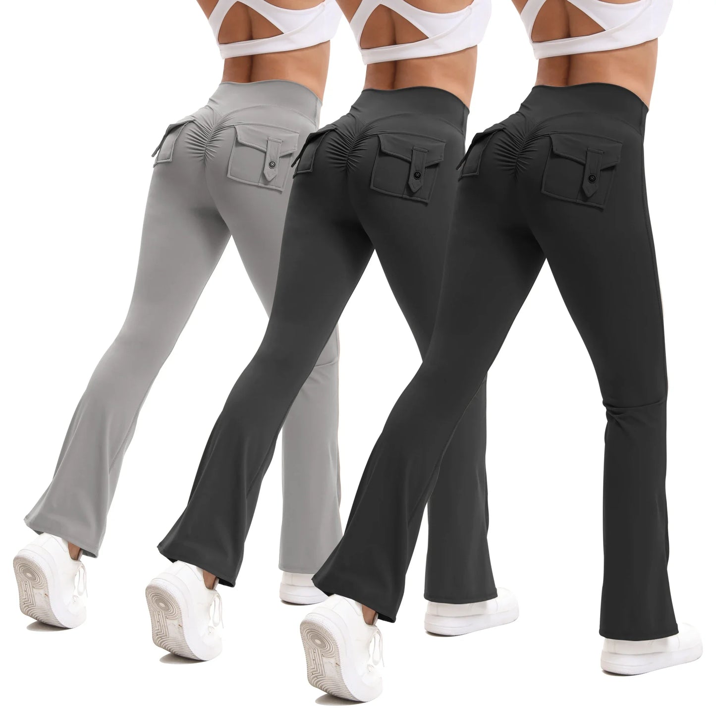 Curve Enhancing Yoga Pants Flared Bootcut High Waist Stretchy Pockets
