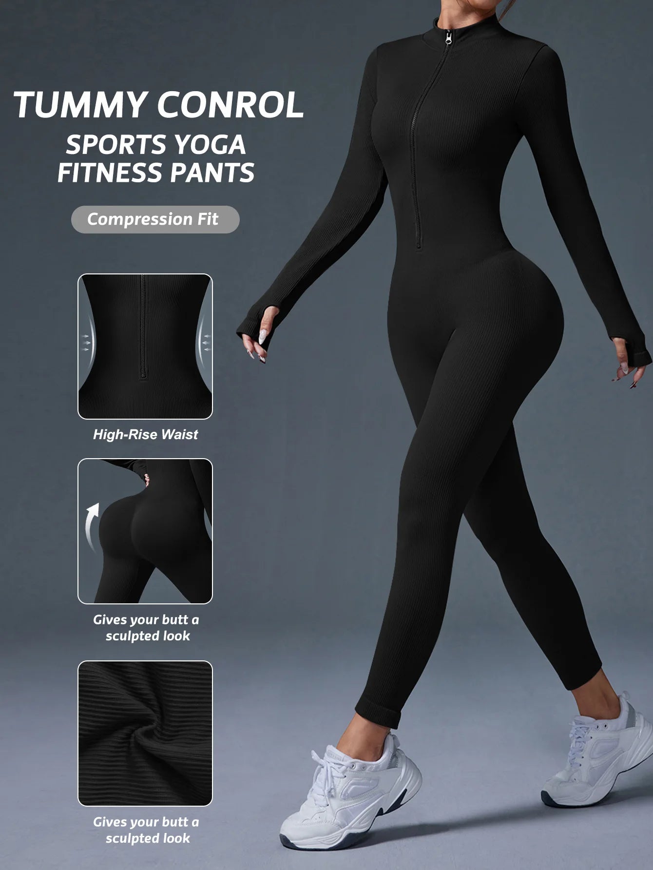 Half Zip Jumpsuit Women Gym Bodysuit Long Sleeve Activewear Set