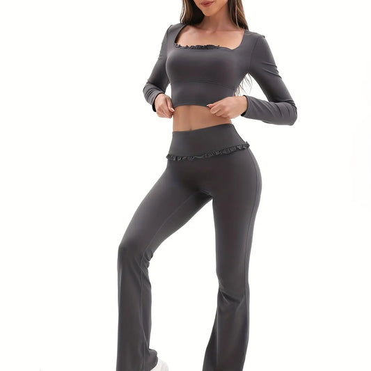 New Arrival Women's Floral Lace Set High Waist Flare Pants U-Neck Top 4-Way Stretch Yoga Outfit for Fitness Commuting All-Day