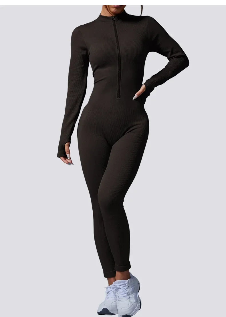 Half Zip Jumpsuit Women Gym Bodysuit Long Sleeve Activewear Set