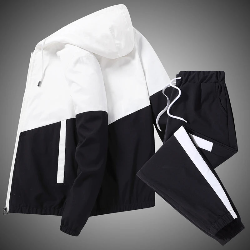 Mens Hooded Tracksuit Set Hip Hop Running Sportswear Jacket And Joggers