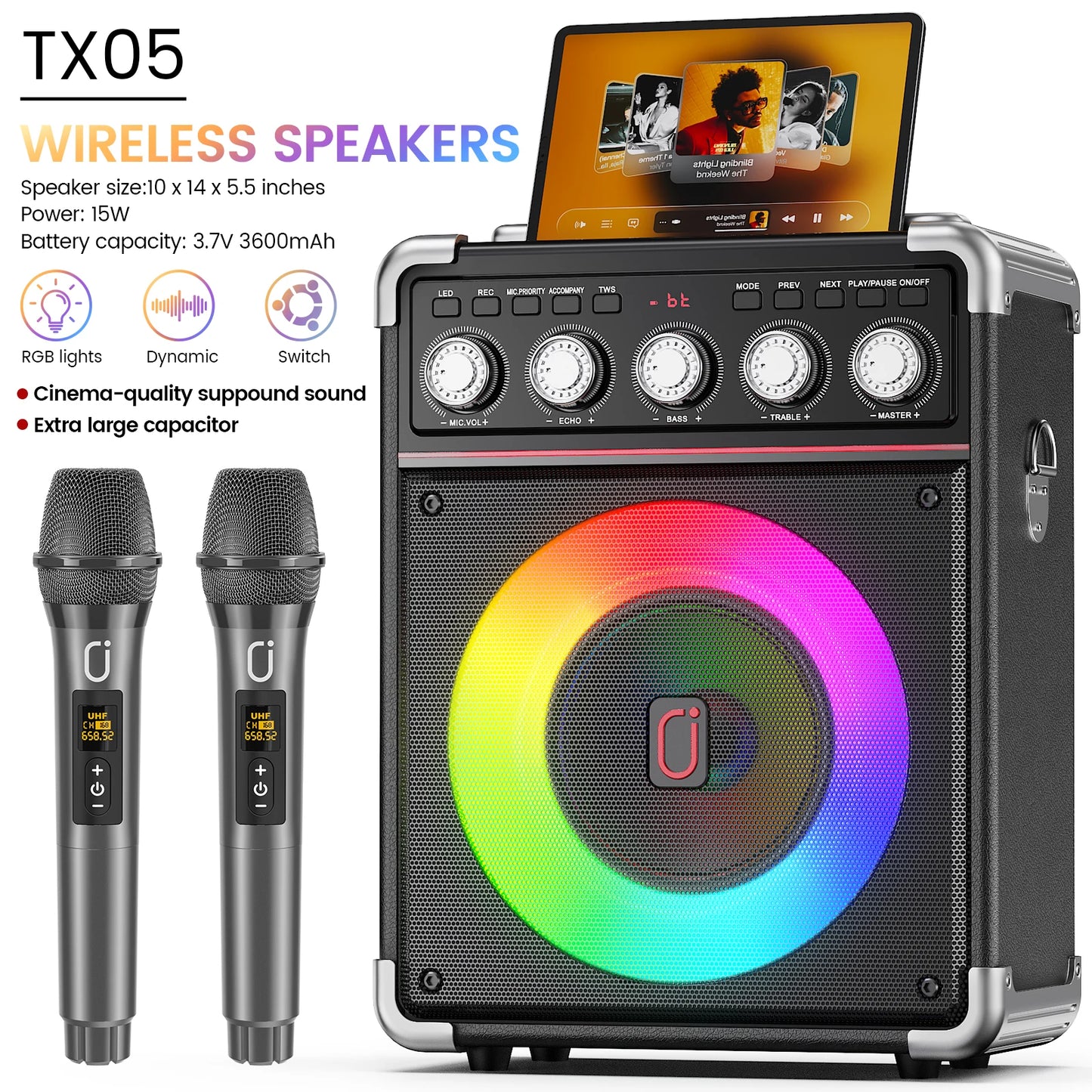 FanFun Karaoke Machine With 2 Microphones Bluetooth Speaker