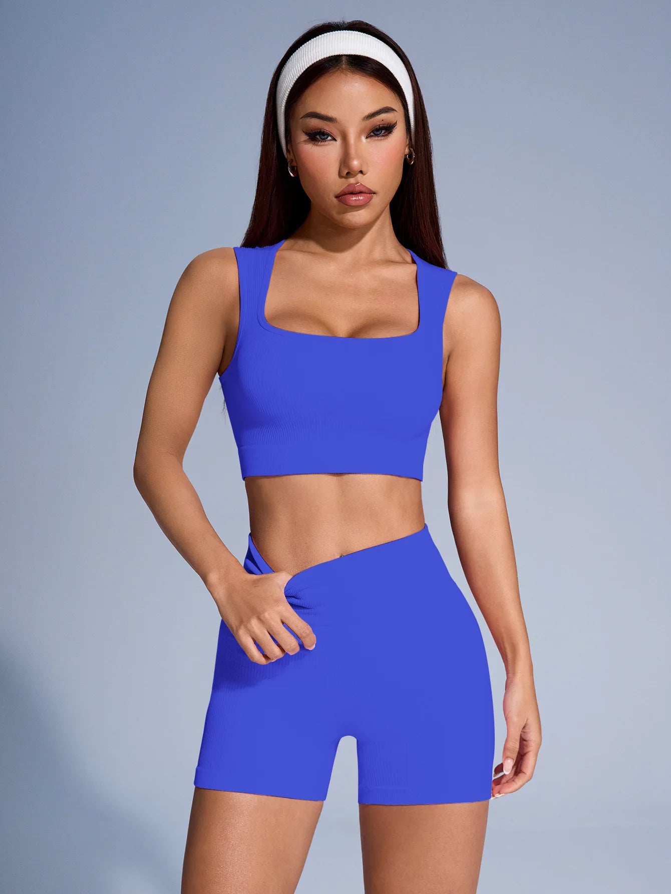 Seamless Ribbed Yoga Sets For Women High Waist Tank Shorts