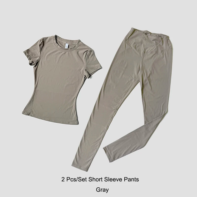 Womens Yoga Set Sportswear Crop Top And Leggings Short Sleeves