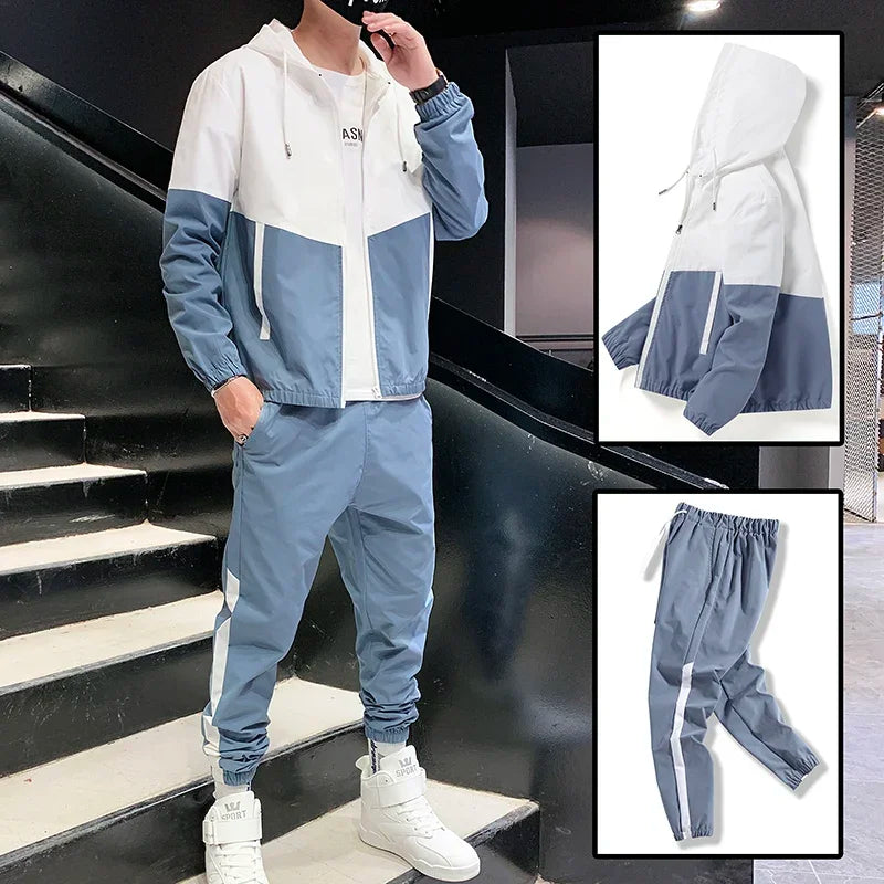 Mens Hooded Tracksuit Set Hip Hop Running Sportswear Jacket And Joggers