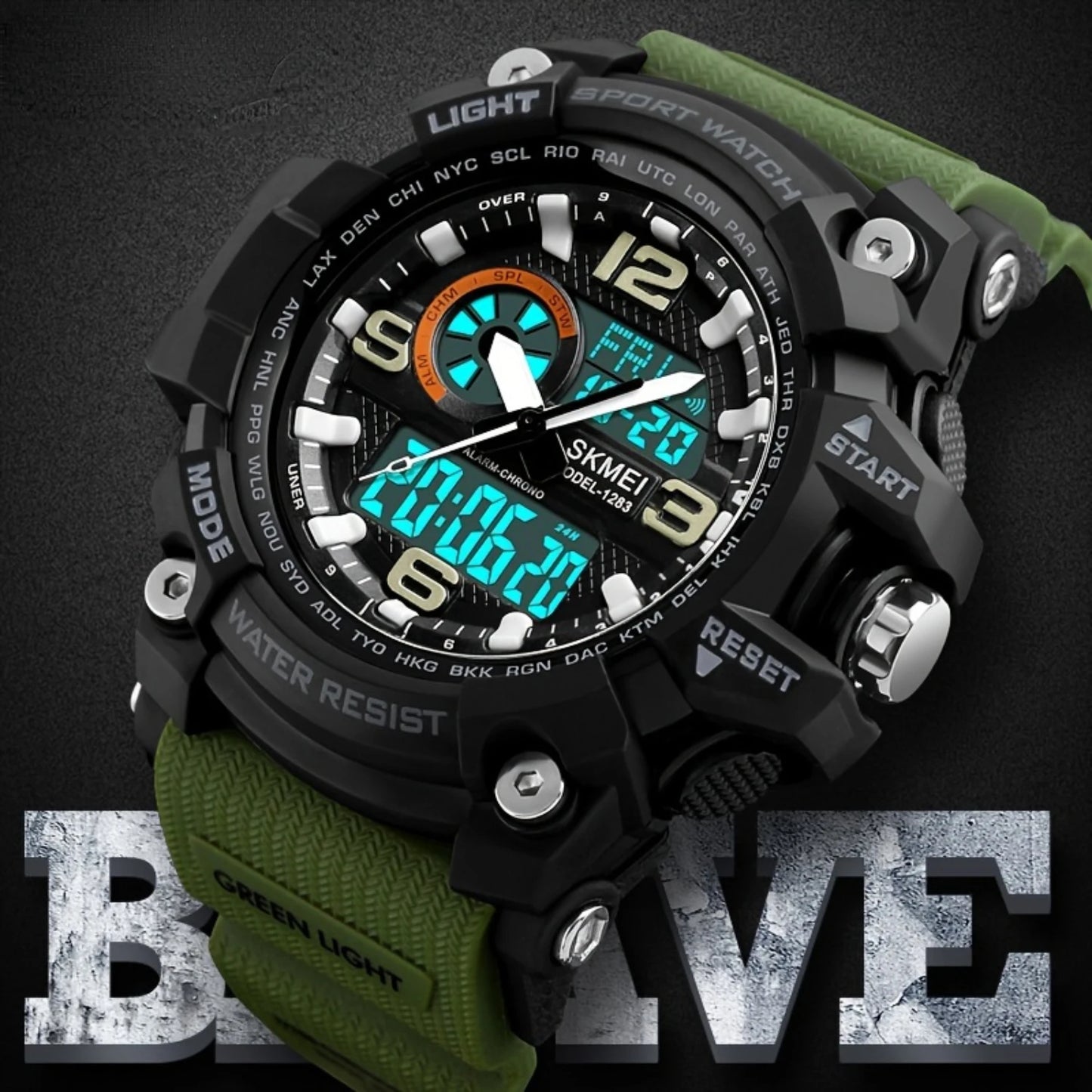 Waterproof Dual Time Electronic Watch, Outdoor Stopwatch with LED, Multifunctional Sports Wristwatch