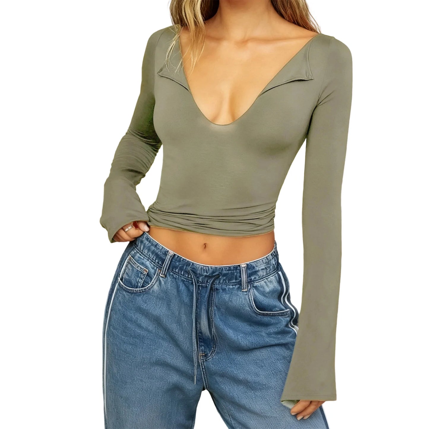 Womens Long Sleeve Tops V Neck Casual Fashion Solid Color Flim Fitted Base Layer Shirts for Yoga Gym