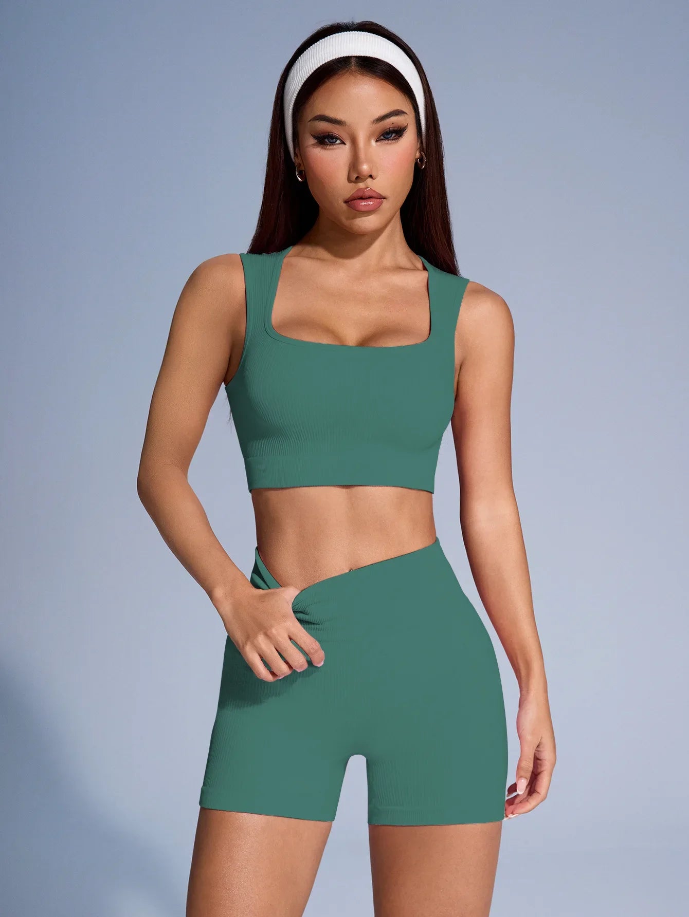 Seamless Ribbed Yoga Sets For Women High Waist Tank Shorts