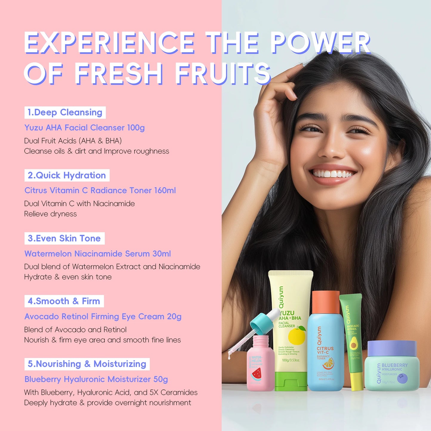 QUIYUM Fruit Collection 5 Piece Skincare Set For Brightening Hydration