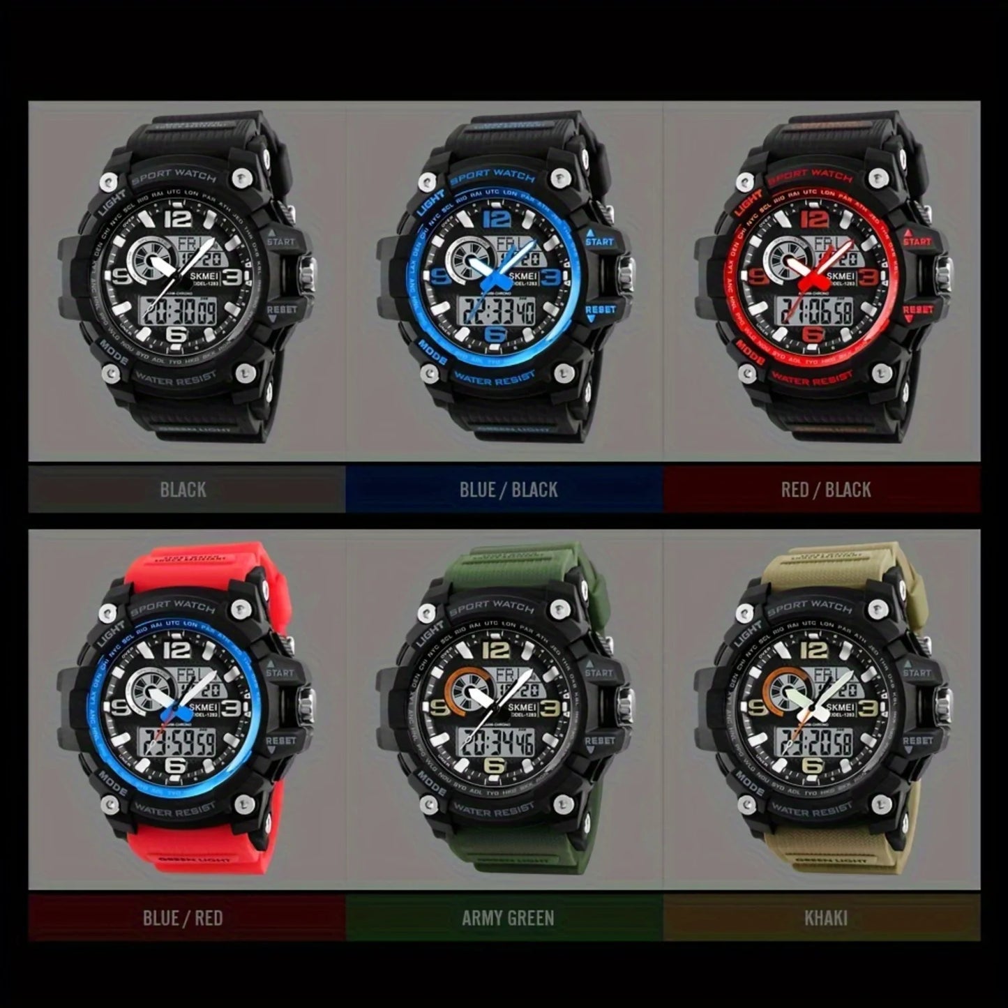 Waterproof Dual Time Electronic Watch, Outdoor Stopwatch with LED, Multifunctional Sports Wristwatch